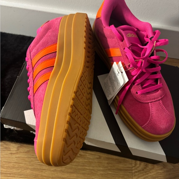 adidas Women’s Pink Suede Sneakers with Orange Stripes and Gum Sole - Picture 5 of 7